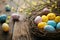 Happy easter rose dawn Eggs Easter joy Basket. White Aquamarine Bunny Caption space. Brunch background wallpaper