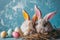 Happy easter Rose Dust Eggs Flower Basket. Easter Bunny Rosebud Exuberant. Hare on meadow with sales easter background wallpaper