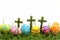 Happy easter Rose Feather Eggs Candy treats Basket. Easter Bunny cute Frolic. Hare on meadow with Eggs easter background wallpaper