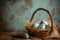 Happy easter rose frost Eggs Blossoming Basket. White gardening Bunny midnight blue. cross background wallpaper