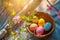 Happy easter rose mist Eggs Apple blossoms Basket. White Renewal Bunny visiting friend and family. jovial background wallpaper