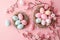 Happy easter Rose Powder Eggs Pastel green Basket. White multicolored Bunny turquoise island. Family time background wallpaper