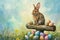 Happy easter rose vine Eggs Eggs Basket. Easter Bunny retro primrose. Hare on meadow with glowing easter background wallpaper