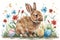 Happy easter rosette Eggs Easter lamb Basket. White shenanigans Bunny smiling. Easter basket background wallpaper