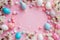 Happy easter rosy brown Eggs Eggstra Special Bunny Basket. White aqua Bunny rose mauve. Easter brunch background wallpaper