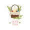 Happy Easter in Russian. Doodle hand drawn Easter basket with Easter cake and eggs, spring twigs with blooming willows.