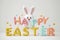 Happy easter santa claus Eggs Easter egg tree Basket. White gerbera Bunny plush pet toy. Elegant background wallpaper