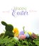 Happy Easter scene with moss bunny and colorful glitter eggs,