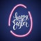 Happy Easter script lettering inscription. Hand lettering card.Abstract background with bright pink vector neon egg.
