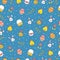 Happy Easter seamless pattern with bunny, cake, egg, flower, branch, chicken on blue background. Greeting card vector
