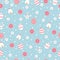 Happy Easter seamless pattern with bunny, egg, flower, rabbit, chicken on blue background. Greeting card vector icons