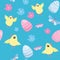 Happy Easter seamless pattern. cute Easter eggs, flowers, willow trees, yellow chickens, bugs on a blue background