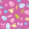 Happy Easter seamless pattern. cute Easter eggs, flowers, willow trees, yellow chickens, bugs on a pink background