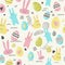 Happy Easter Seamless Pattern with Eggs, Bunny and Flowers. Spring Background for Fabric, Wrapping Paper, Greeting Cards