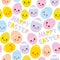 Happy Easter seamless pattern. Kawaii colorful blue green orange pink yellow egg with pink cheeks and winking eyes, pastel colors