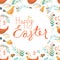 Happy Easter seamless pattern with leaves, flowers, hens, eggs.