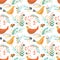 Happy Easter seamless pattern with leaves, flowers, hens, eggs.