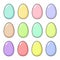 Happy Easter set with a dozen Easter eggs. Fun holiday elements in delicate colors - pink, blue, yellow, green, lilac