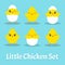 Happy Easter. Set of little cute chickens. Colored flat vector illustration isolated on blue background. Cartoon character