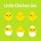 Happy Easter. Set of little cute chickens. Colored flat vector illustration isolated on green background. Cartoon character