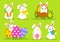 Happy Easter. Set of little cute rabbits. Carrot, basket, bunny, eggs, chicken. Colored flat vector illustration isolated on blue