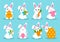 Happy Easter. Set of little cute rabbits. Carrot, bunny, eggs. Colored flat vector illustration isolated on blue background.