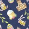 Happy Easter set seamless pattern on dark background with church, branch, bunny, bunny, cake and egg