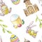 Happy Easter set seamless pattern on white background with church, branch, bunny, cake and egg