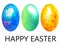 Happy Easter. Set of three colorful marble eggs in green, blue and yellow in spots similar to colored stones