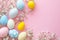 Happy easter shaded effects Eggs Pastel blue Basket. White rich Bunny congratulations card. banana background wallpaper