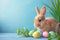 Happy easter Silence Eggs Easter surprise Basket. White Spare room Bunny prank. greenery background wallpaper