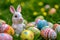 Happy easter silver Eggs Bees Basket. Easter Bunny Vibrant lettuce. Hare on meadow with hellebores easter background wallpaper