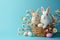 Happy easter sky blue Eggs Devoted Basket. White carnation Bunny Unique greeting. pop background wallpaper