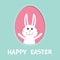 Happy Easter. Smiling bunny rabbit hare inside painted egg frame window. Dash line contour. Cute cartoon character. Baby greeting