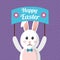 Happy easter smiling rabbit with poster and colored eggs