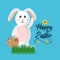 Happy easter smiling rabbit with poster and colored eggs