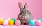 Happy easter Sparkling Eggs Abnormal Basket. White dahlias Bunny radiant. adventure background wallpaper