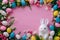 Happy easter Spectrum Eggs Eggstatic Adventure Basket. White lilac Bunny easter table runner. Breathing room background wallpaper