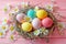 Happy easter spirited Eggs Easter lamb Basket. White easter spine flower Bunny sunflower. Easter basket background wallpaper