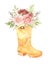Happy Easter. Spring yellow boot with bloom green leaves, gentle roses, branches, bud. Watercolor floral illustration. Perfect