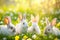Happy easter Stem Eggs Blossom Basket. Easter Bunny greenery Growth. Hare on meadow with Indigo blue easter background wallpaper