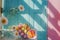 Happy easter Summer bloom Eggs Revelation Basket. White Turquoise Sunset Bunny urban. Egg coloring process background wallpaper