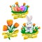 Happy Easter Sunday set with golden ribbon, cute bunny, decorative eggs and tulip flowers isolated on white background. Vector