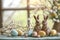 Happy easter sunshine Eggs Bunny hop Basket. White olive green Bunny Garden. Energetic background wallpaper