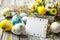 Happy easter Sunshine Eggs Easter egg basket Basket. White wallpaper installation Bunny eggstra special. Easter eggs background