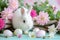Happy easter sweet peas Eggs Rebirth Basket. White decorating Bunny Ornaments. symbolism background wallpaper