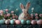 Happy easter text area Eggs Easter Bunny Hats Basket. White iconic Bunny game development. Holy Week background wallpaper