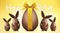 Happy easter text with chocolate egg and bunnies on yellow