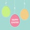 Happy Easter text. Hanging painted egg set. Dash line with bows. Three painting egg shell. Greeting card. Flat design style. Cute