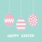 Happy Easter text. Hanging painted egg set. Pink color with dot, stripe, zigzag pattern. Dash line. Three painting egg shell. Gree